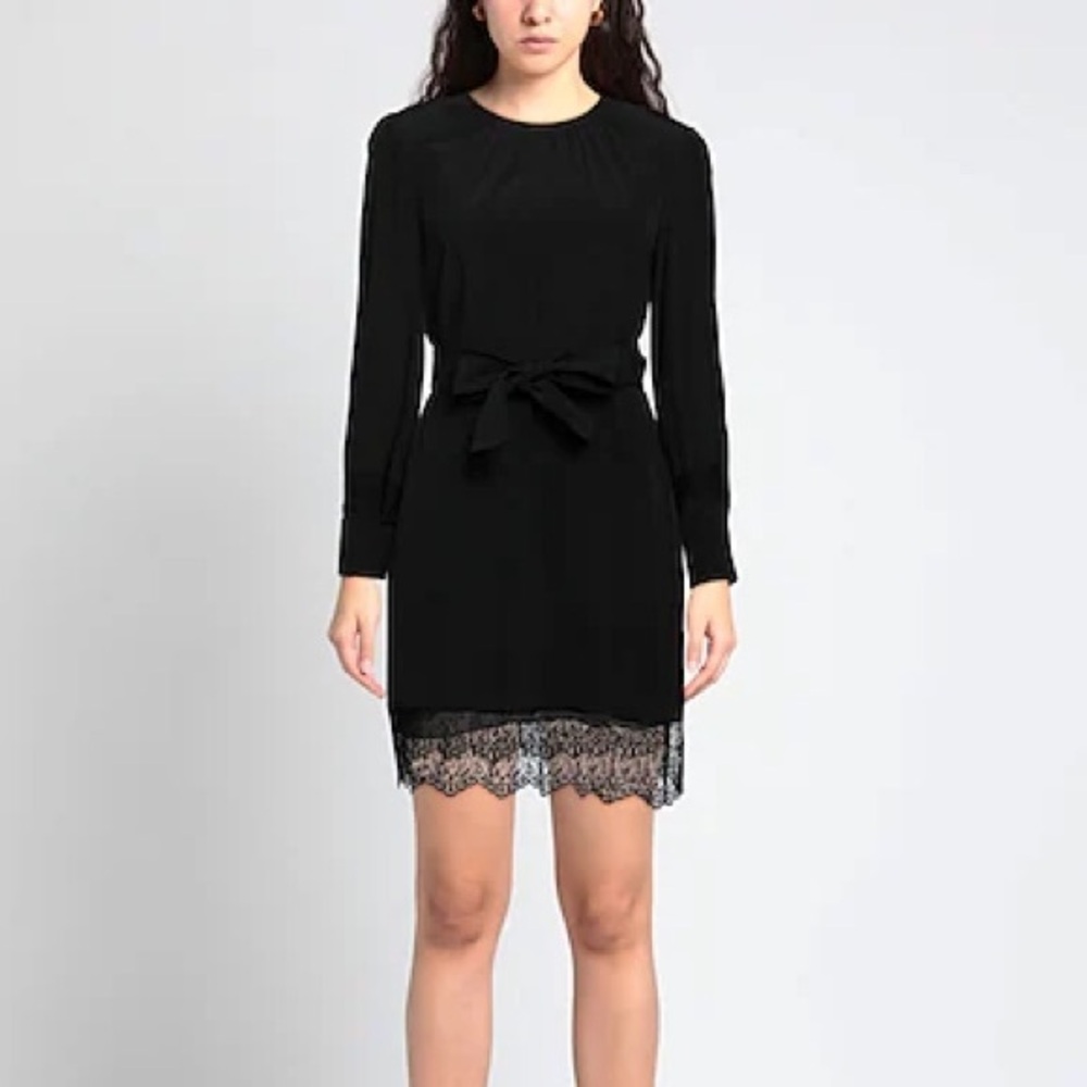 Anna Molinari Black Long Sleeve Lace Trim Belted Dress
